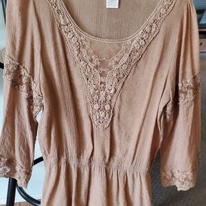 Umgee Tan Crochet Detail Women’s Blouse